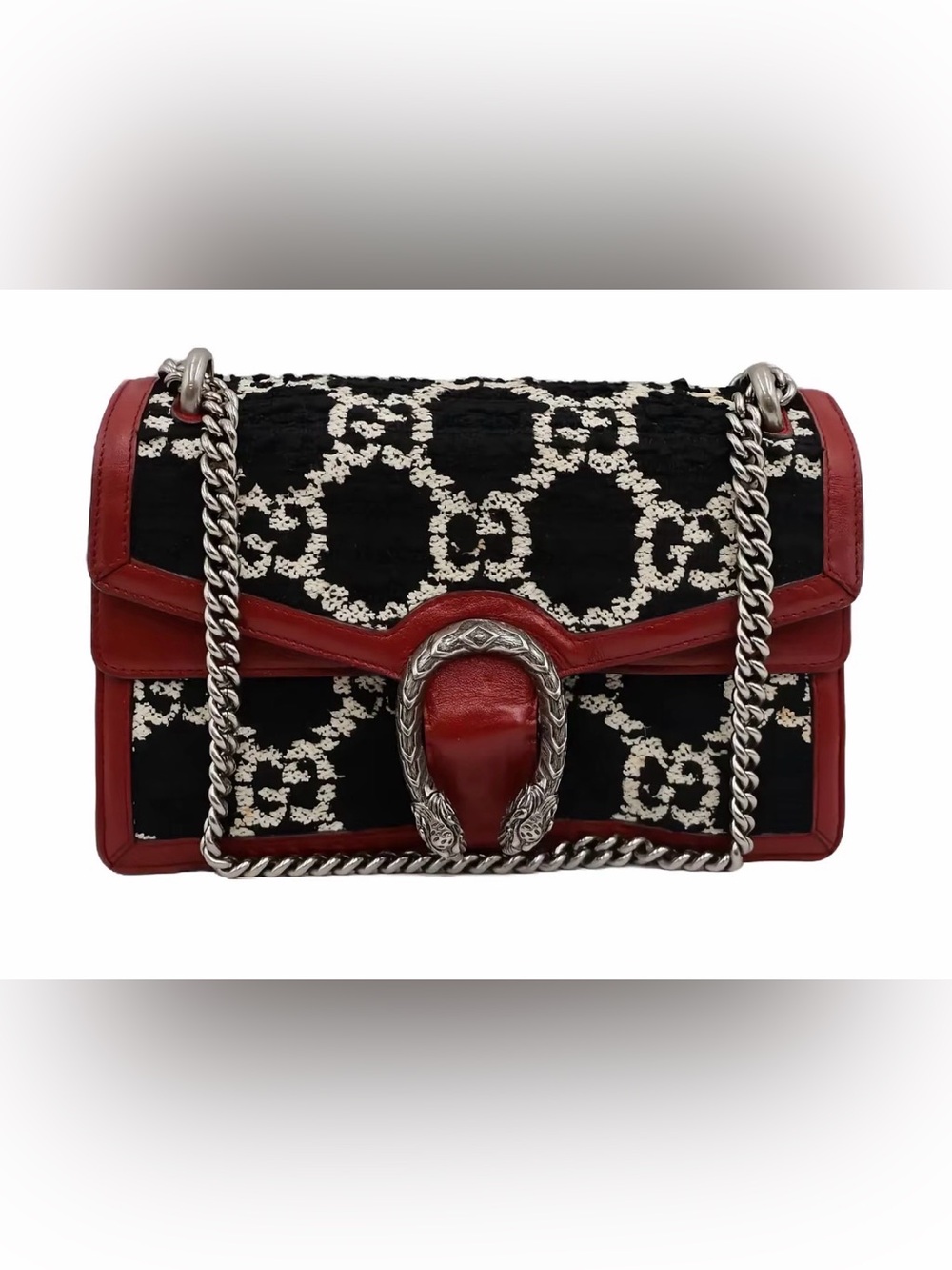 Gucci Dionysus GG Tweed Shoulder Bag Black Ivory Red Leather Silver Hardware